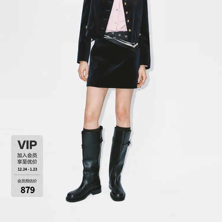 MOCO短裙2025冬新品精工奢光棉平绒中腰A字半身裙MBE4SKT018