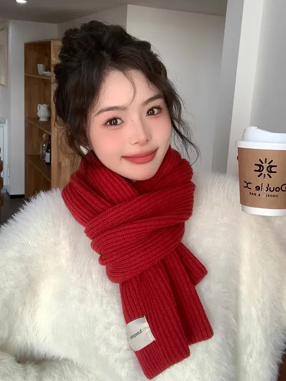 红色围巾女2024新款秋冬季毛线百搭韩版高级感生日礼物针织围脖套