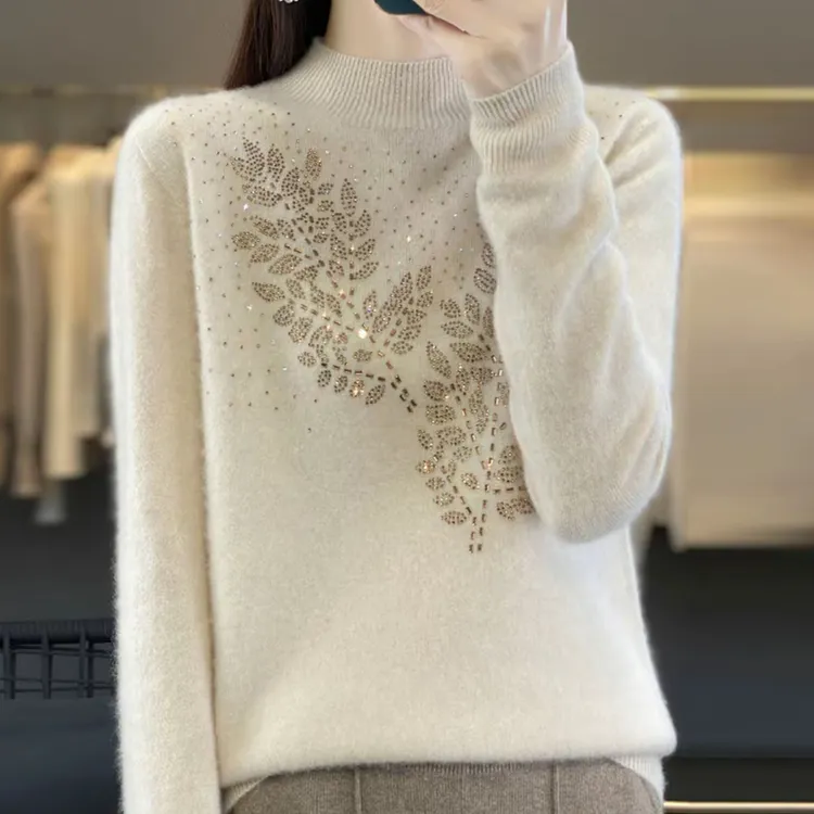 秋冬羊毛烫钻～保暖套头显瘦宽松纯色半高领打底