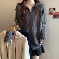 连帽红绳双拉链插肩袖开衫长袖毛衣休闲百搭设计感大胖MM秋季新款