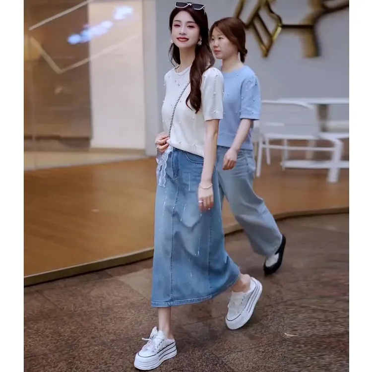 2025夏季新款法式小香风重工钉珠短袖针织衫牛仔半身裙两件套装女