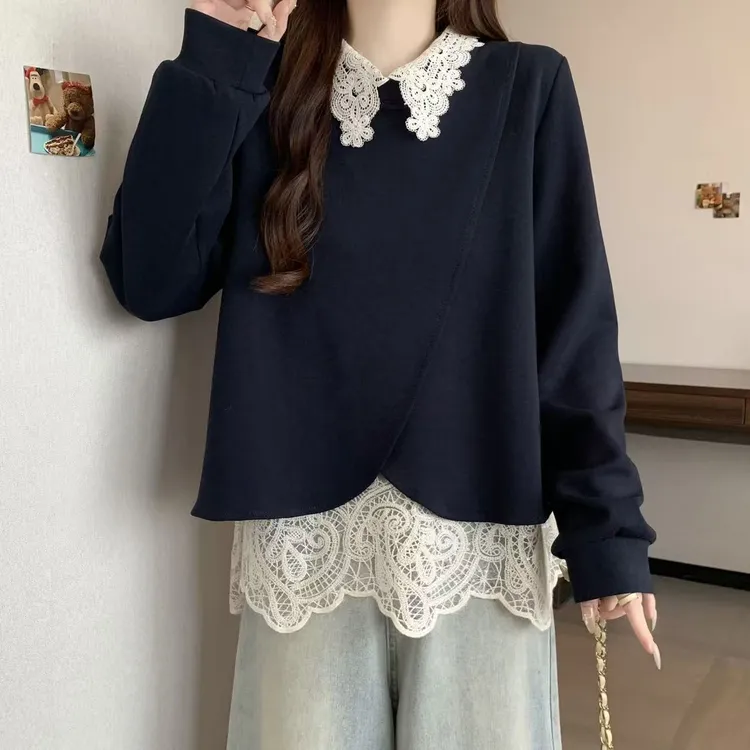 加绒大码假两件娃娃领蕾丝拼接卫衣女秋冬微胖MM宽松显瘦洋气上衣