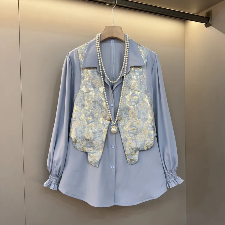 大码女装胖妹妹时尚提花衬衫国风中式2025春季新款显瘦假两件上衣