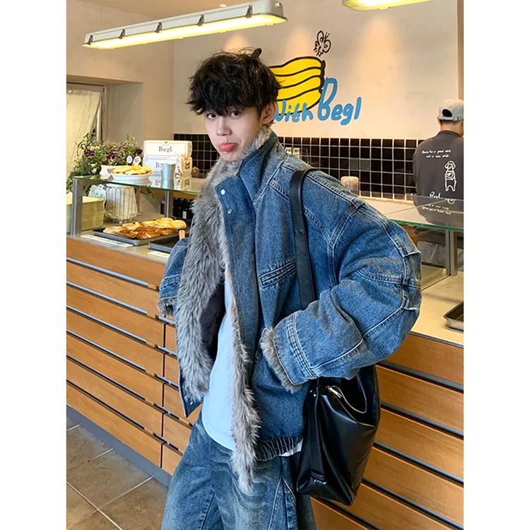 美式复古水洗牛仔座山雕棉服男冬季裁片拼接毛领外套加绒夹克棉衣