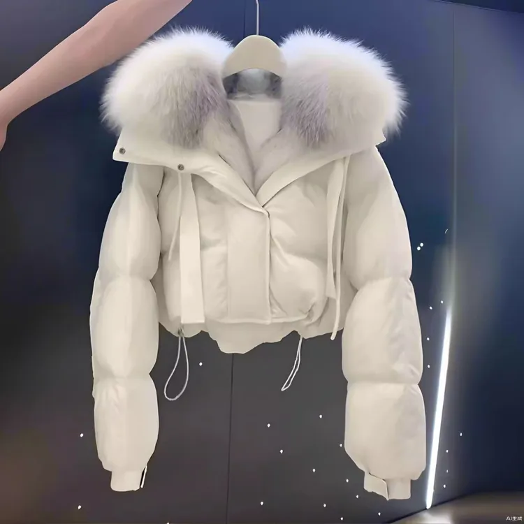 高级感白色大毛领工装派克棉衣棉服冬季连帽修身显瘦短款保暖外套