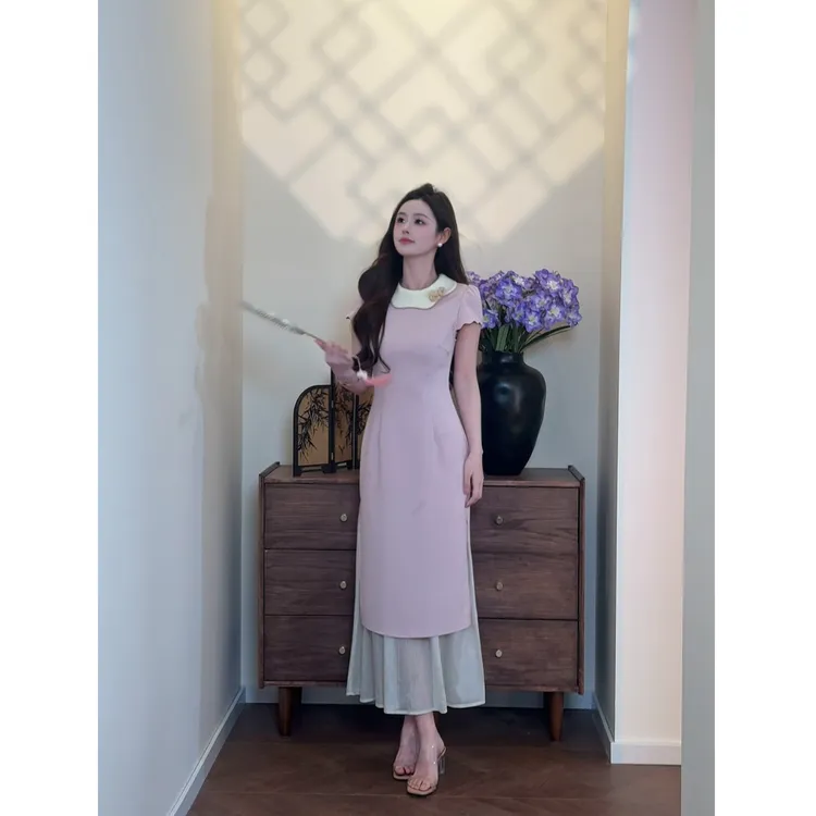 【晚芙庄园】<77>法式小娃娃领假两件连衣裙休闲甜美显瘦XMZH6906