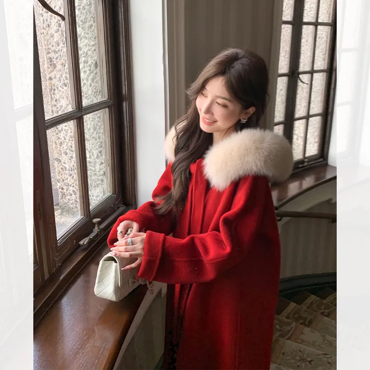 2025秋冬新款红色毛呢外套仿狐狸毛领连帽中长款小个子双面呢大衣
