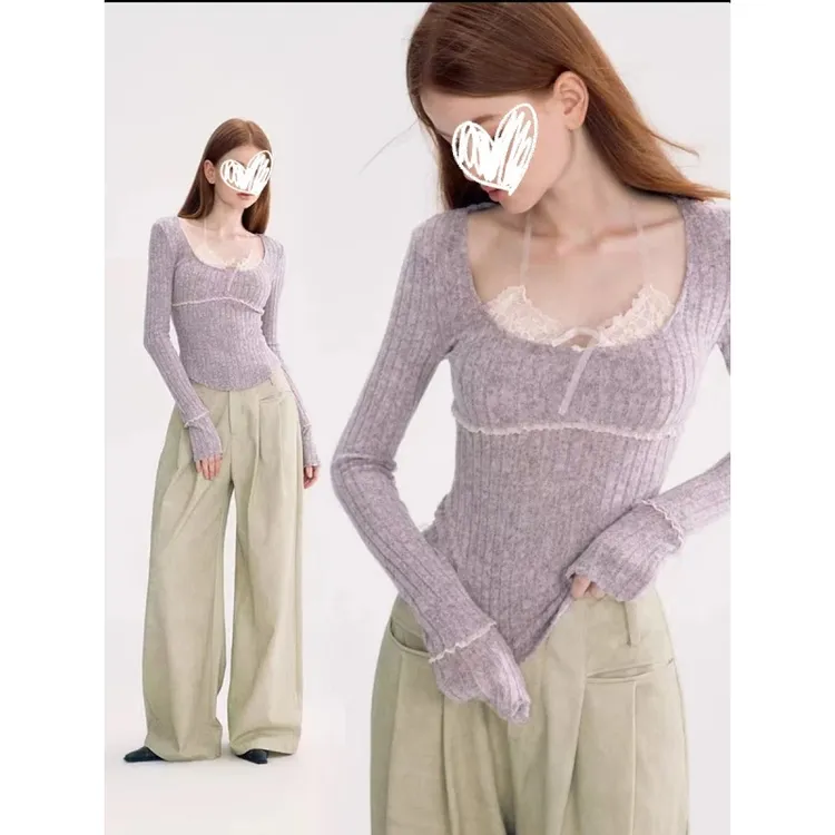假两件蕾丝挂脖打底衫女秋冬新款辣妹纯欲内搭长袖t恤设计感上衣