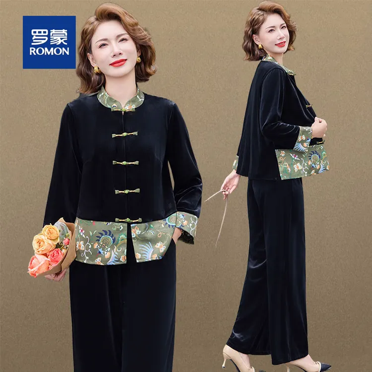 罗蒙50多岁妈妈洋气上衣端庄大气秋装外套新款中老年女装丝绒套装