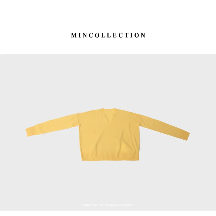 DE Mincollection剪刀领黄毛衣/缪系定染纱显白平纹全羊毛毛衣