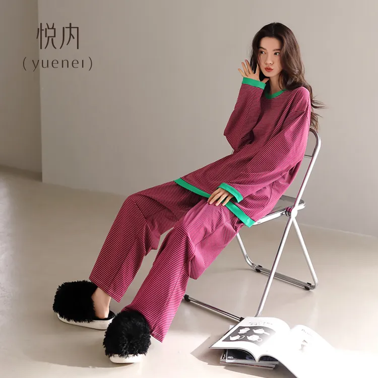 悦内睡衣女春秋款秋季纯棉长袖长裤家居服宽松大码条纹显白莓红色