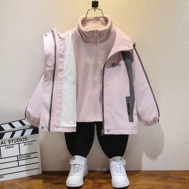 女童儿童冲锋衣春秋冬装新款加绒加厚中大童三合一可拆卸外套上衣