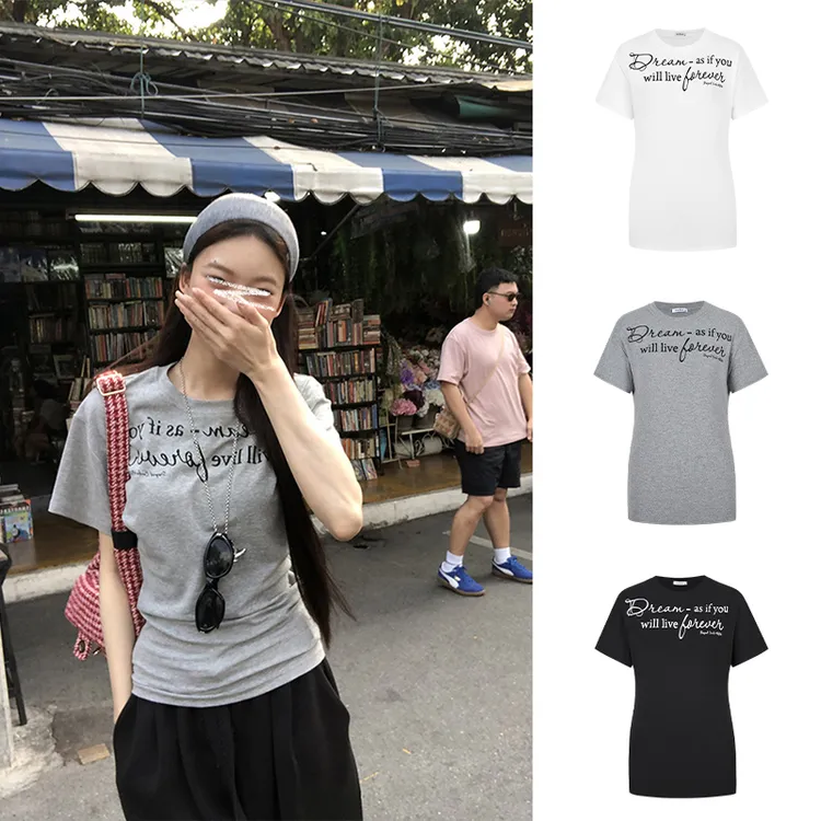 【娜娜专属】魔西女王短袖t恤女穿搭灰色修身设计感独特印花上衣
