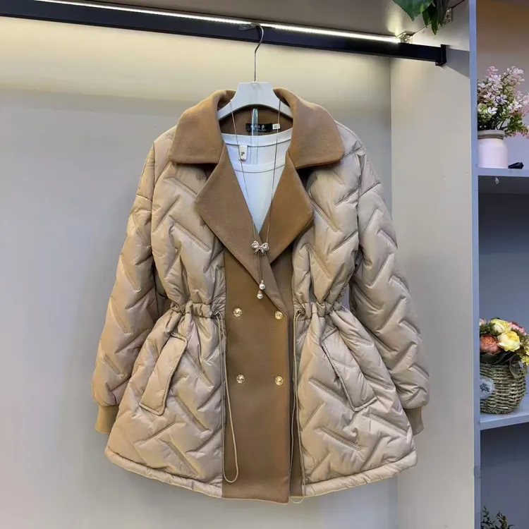 秋冬新款微胖女生时尚百搭纯色大翻领拼接棉服外套