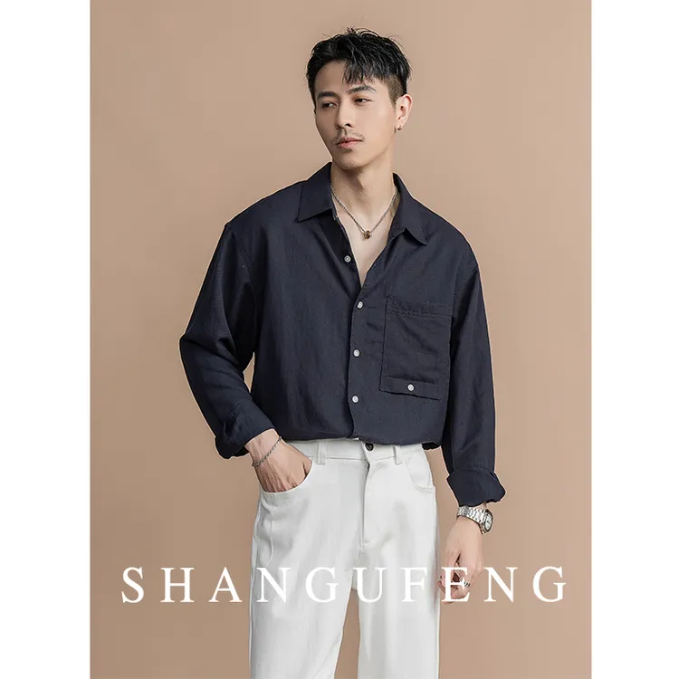 SHANGUFENG秋季时尚莱赛尔质感长袖衬衣男士日系工装休闲衬衣上衣