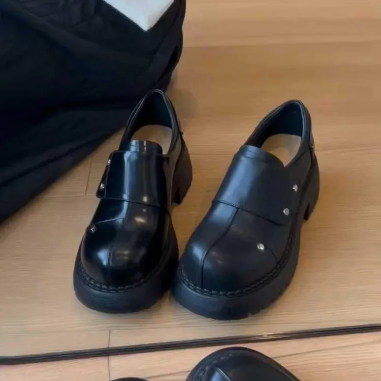 羊皮版~德比鞋女高级感厚底魔术贴懒人乐福鞋英伦风一脚蹬小皮鞋