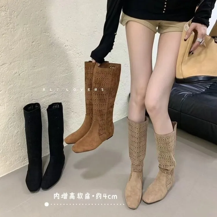 正品长靴女2025秋季新款绒面女靴平底靴子内增高长筒靴小众镂空高