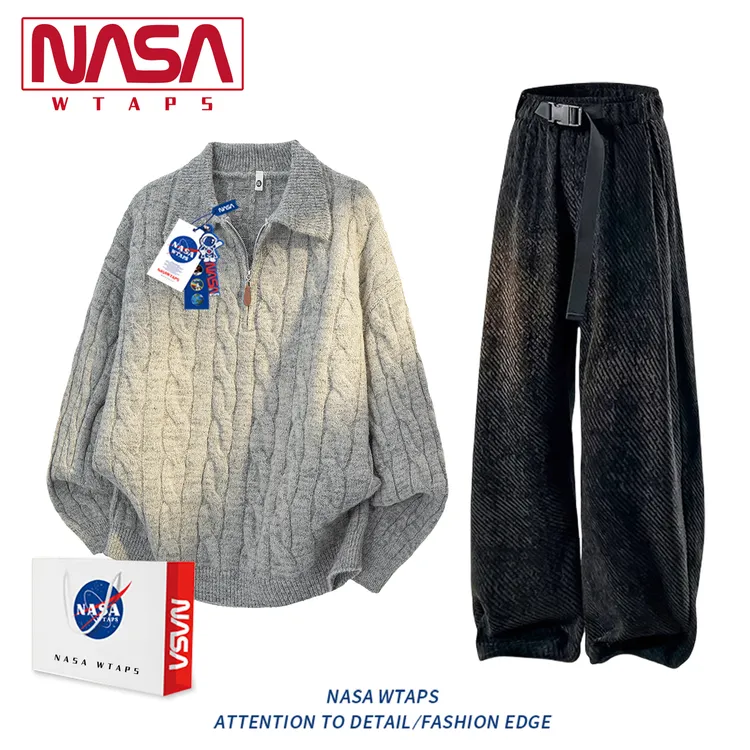 NASA WTAPS美式半拉链翻领毛衣套装男秋冬季针织毛衣休闲运动套装