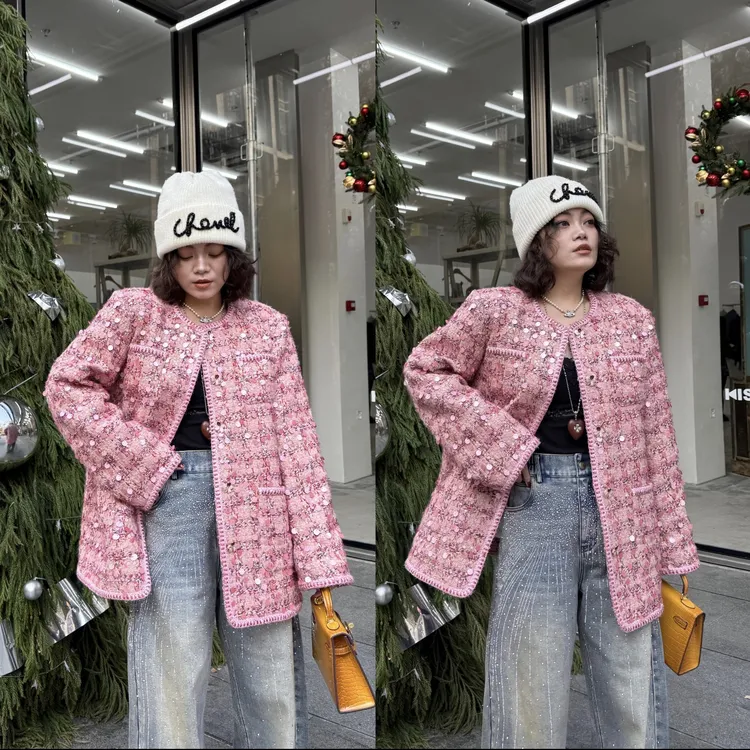 YDFSTUDIO小众【粉韵香风】欧货重工亮片小香拼接设计羽绒百搭外套