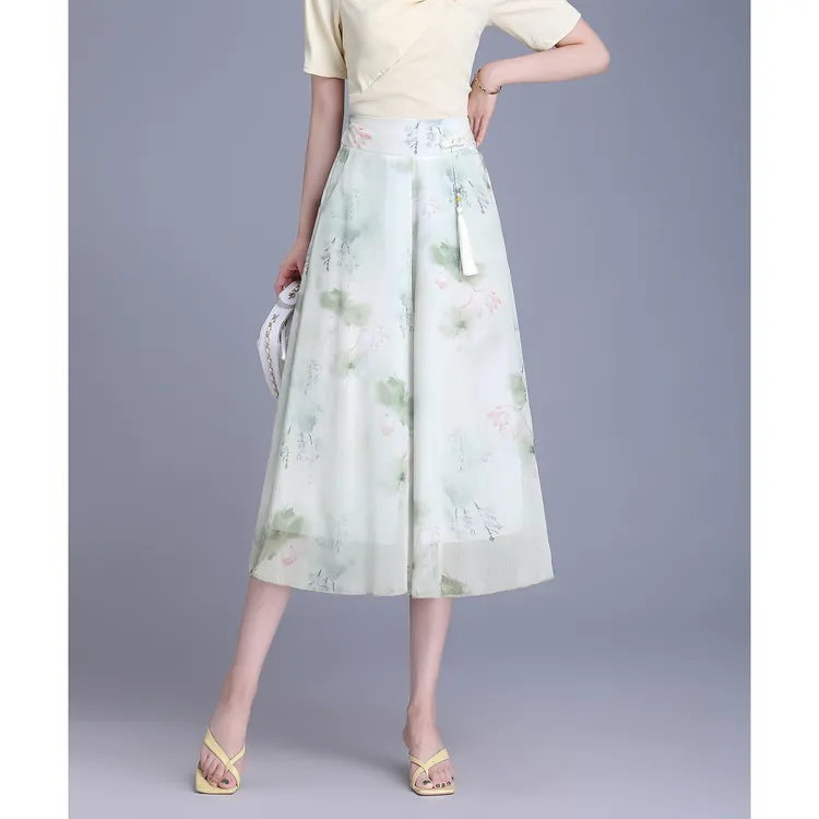 春夏中年夏季新款宽松雪纺印花中老年七分裤子女妈妈阔腿裤裙裤