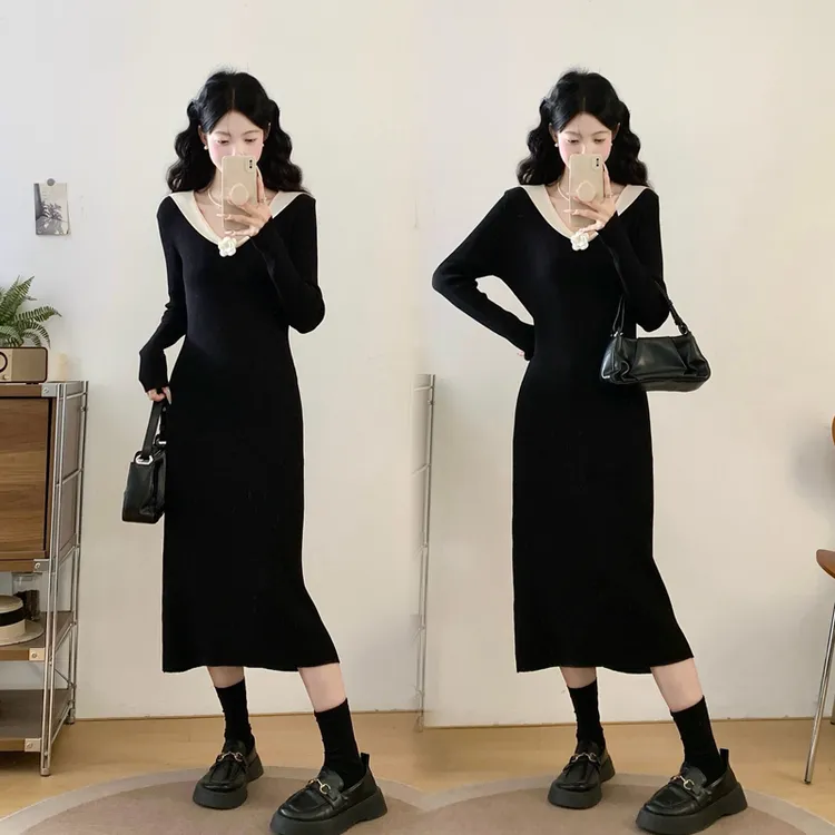 【一朵山茶】大码韩系黑色v领长袖针织连衣裙秋冬收腰修身内搭打底