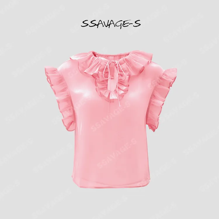 SSAVAGE“柔光舞曲”荷叶边飞飞袖亮泽纱感小衫SS91196C