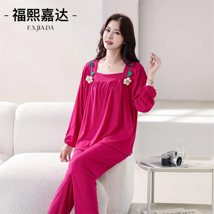 【爆款】家居服套装女方领花朵中袖宽松上衣长裤可外穿时尚甜美睡衣