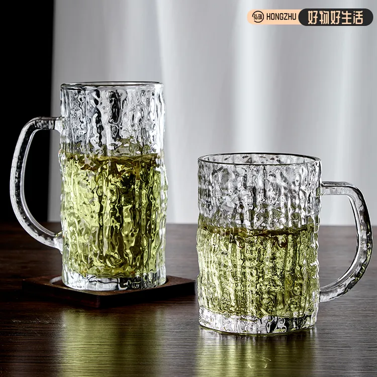 新款泡茶杯玻璃杯水杯耐热透明树皮纹啤酒杯大容量家用加厚喝水杯