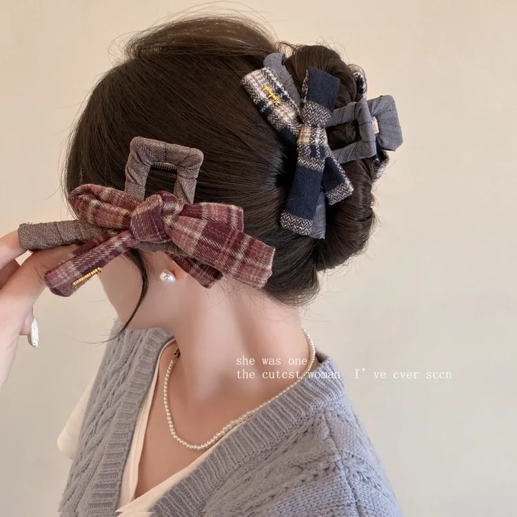 秋冬美拉德蝴蝶结抓夹女高级感2025新款格纹发夹后脑勺大号鲨鱼夹