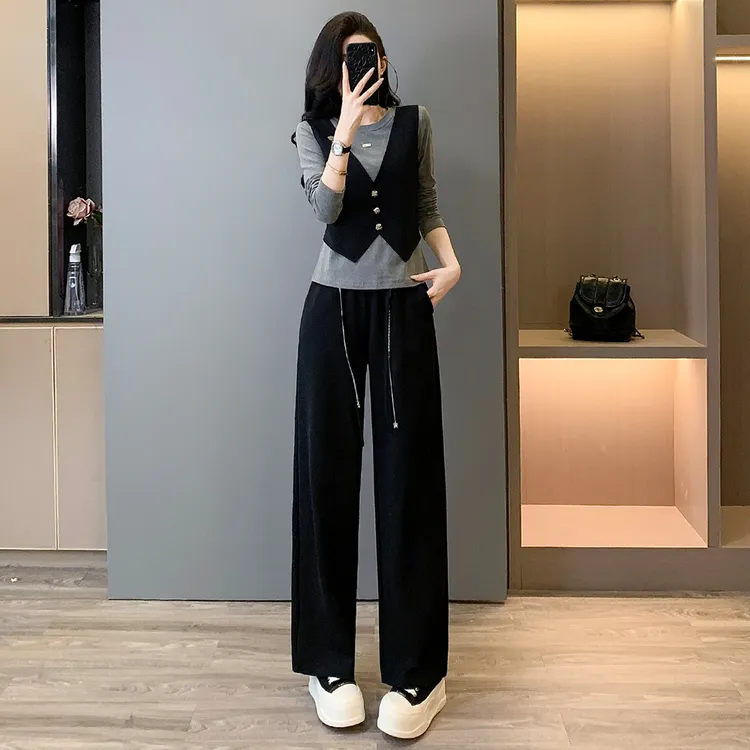 韩版时尚休闲套装女秋季新款修身减龄假两件马甲上衣阔腿裤两件套