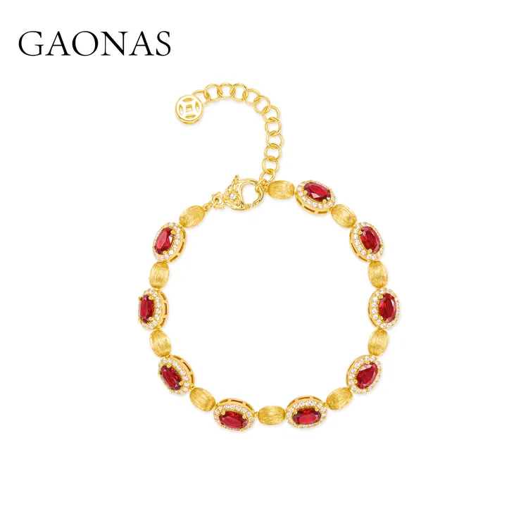 GAONAS 镀K金合成锆石手链 红色经典设计华丽美金色手链 11327SR