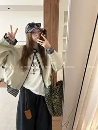 【晴朗银河】格子拼接假俩件短款风衣外套女春秋短款夹克小众设计感