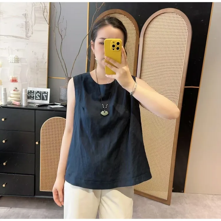 【欧加恋恋】慵懒夏日极简后开衩天丝亚麻显瘦无袖衬衫 D25060416