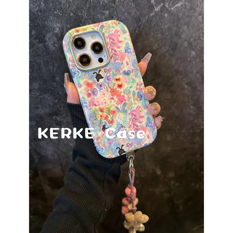 复古油画花朵兔贴皮软壳适用苹果16promax/15pro/13手机壳