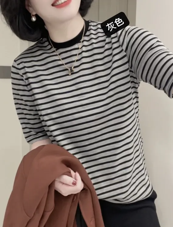 安潮秀2502显瘦休闲百搭撞色条纹T恤宽松