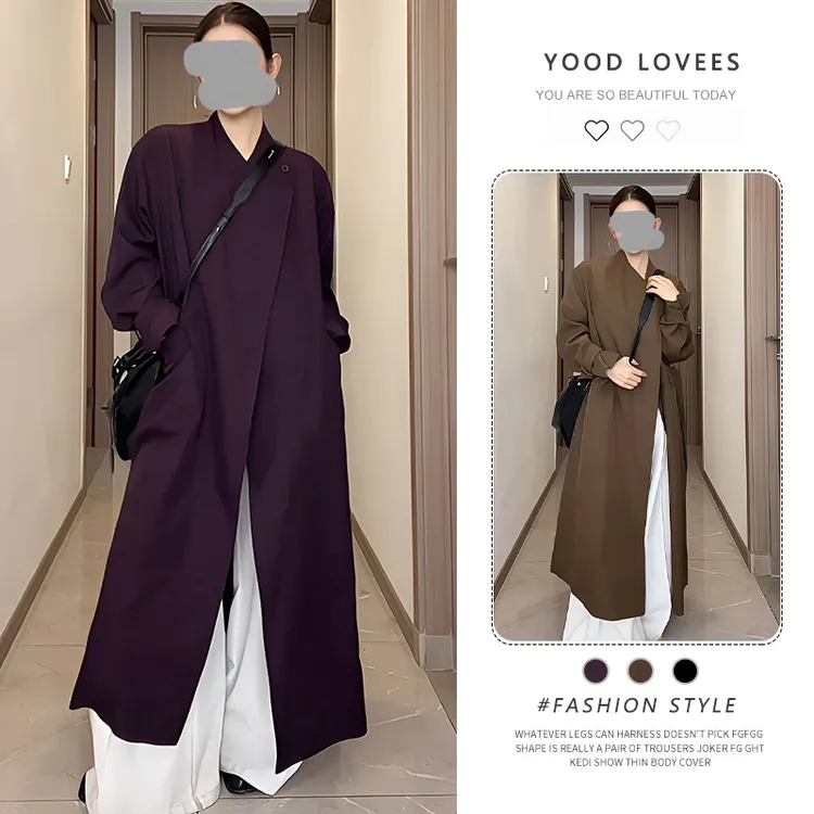 韩式时尚长款过膝纯色风衣女春秋新款小众设计感宽松显瘦气质大衣