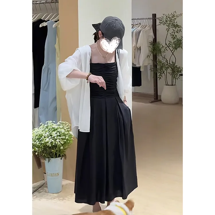 【初恋】春夏法师温柔褶皱吊带连衣裙收腰a字长裙长袖连帽外套套装