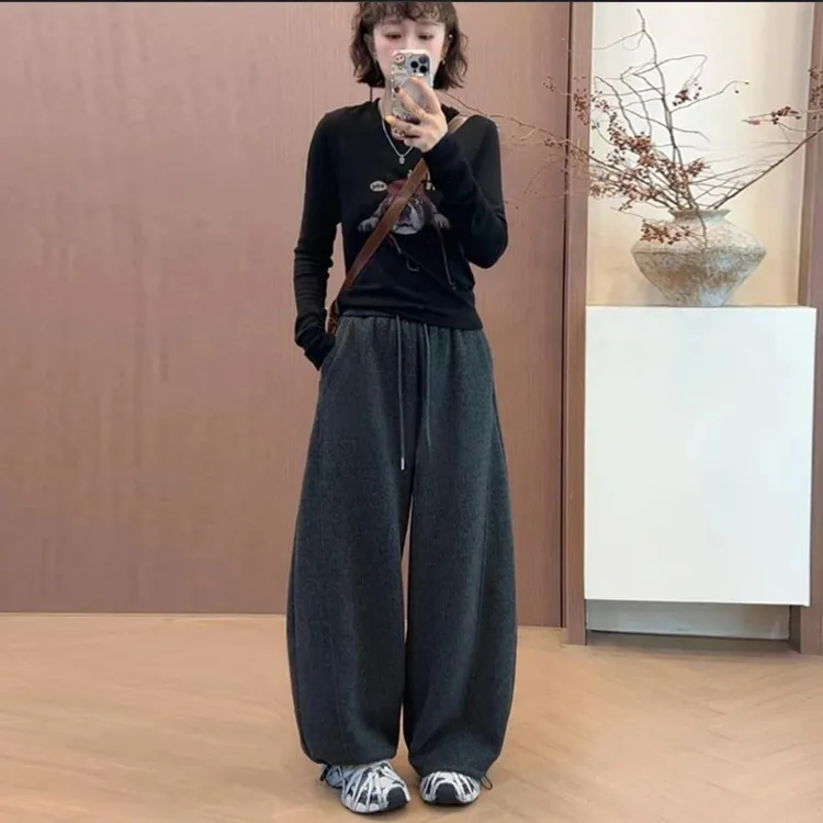 加贝信同款秋冬韩版新款显瘦羊毛保暖小弯刀裤高克重加绒阔腿裤子