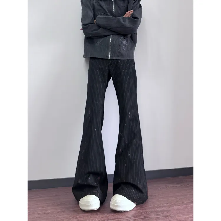 美式潮流血染泼墨竖条纹西裤男高街ins潮直筒微喇长裤休闲裤子女