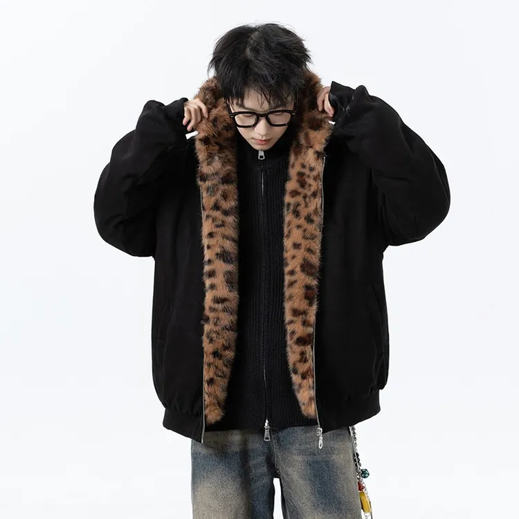 电迈新款秋冬豹纹座山雕麂皮猫耳朵男女连帽棉服外套加厚棉衣