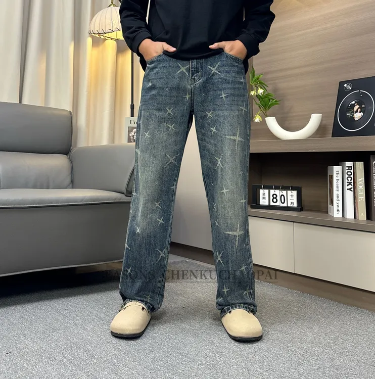 巴黎轻奢风复古水洗秋季激光打印星星男士裤子男款潮流高级感痞帅