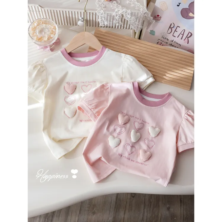 女童韩版卡通印花短袖T恤洋气立体爱心泡泡袖上衣女宝宝夏装衣服