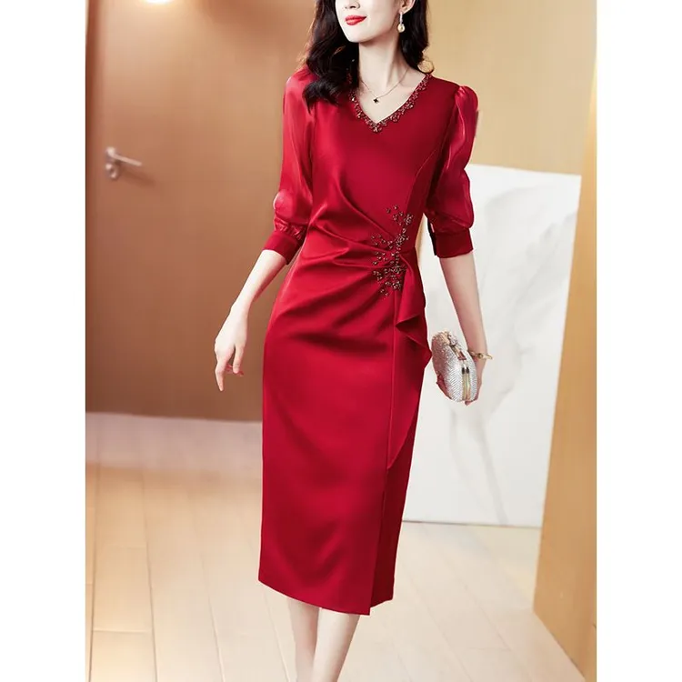 红色礼服连衣裙女长袖2024春夏季新款高档名媛气质收腰V领中长款