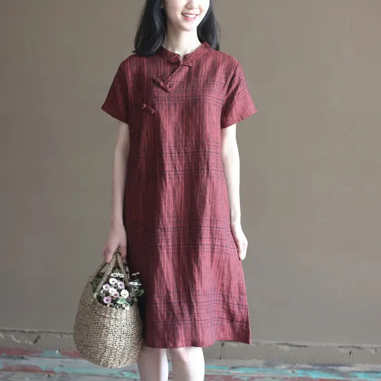 中式改良盘扣旗袍裙女2025夏季新款宽松中长款格子短袖连衣裙