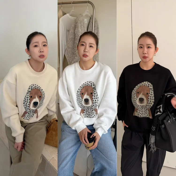 widelia陈姬儿冬季卡通小狗印花加绒卫衣女休闲百搭圆领上衣8237