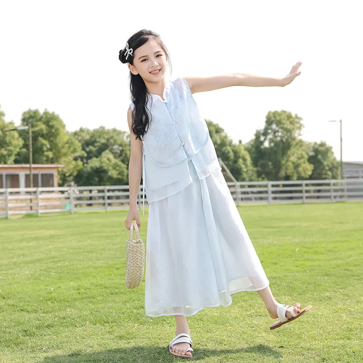 洋气爆款2025新款洋气女童夏季中国风薄款汉服唐装中大童女孩套装