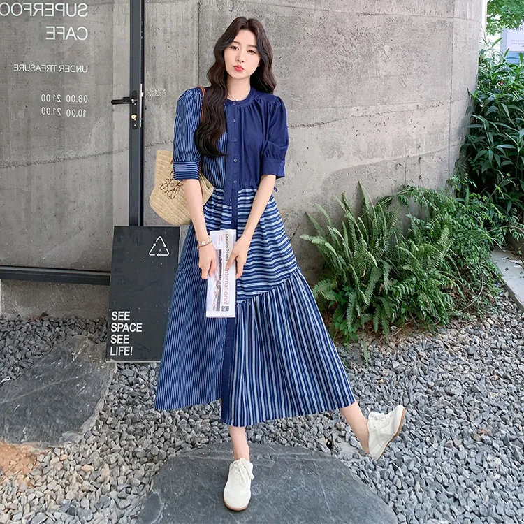 撞色拼接泡泡袖连衣裙女夏季2025独特漂亮掐腰气质洋气不规则长裙