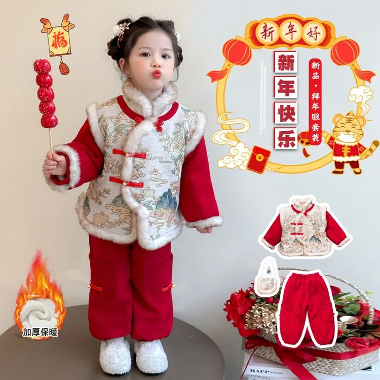 套装中国风冬季刺绣女童中小童