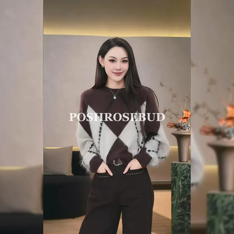 POSHROSEBUD【菱格艺术】绵羊毛羊绒撞色菱格慵懒针织衫-2510662