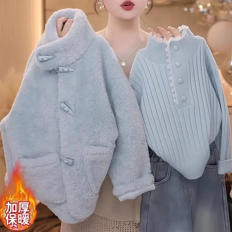 女童毛毛衣毛衣套装2025新款秋冬季皮毛一体外套蕾丝加厚针织衫潮